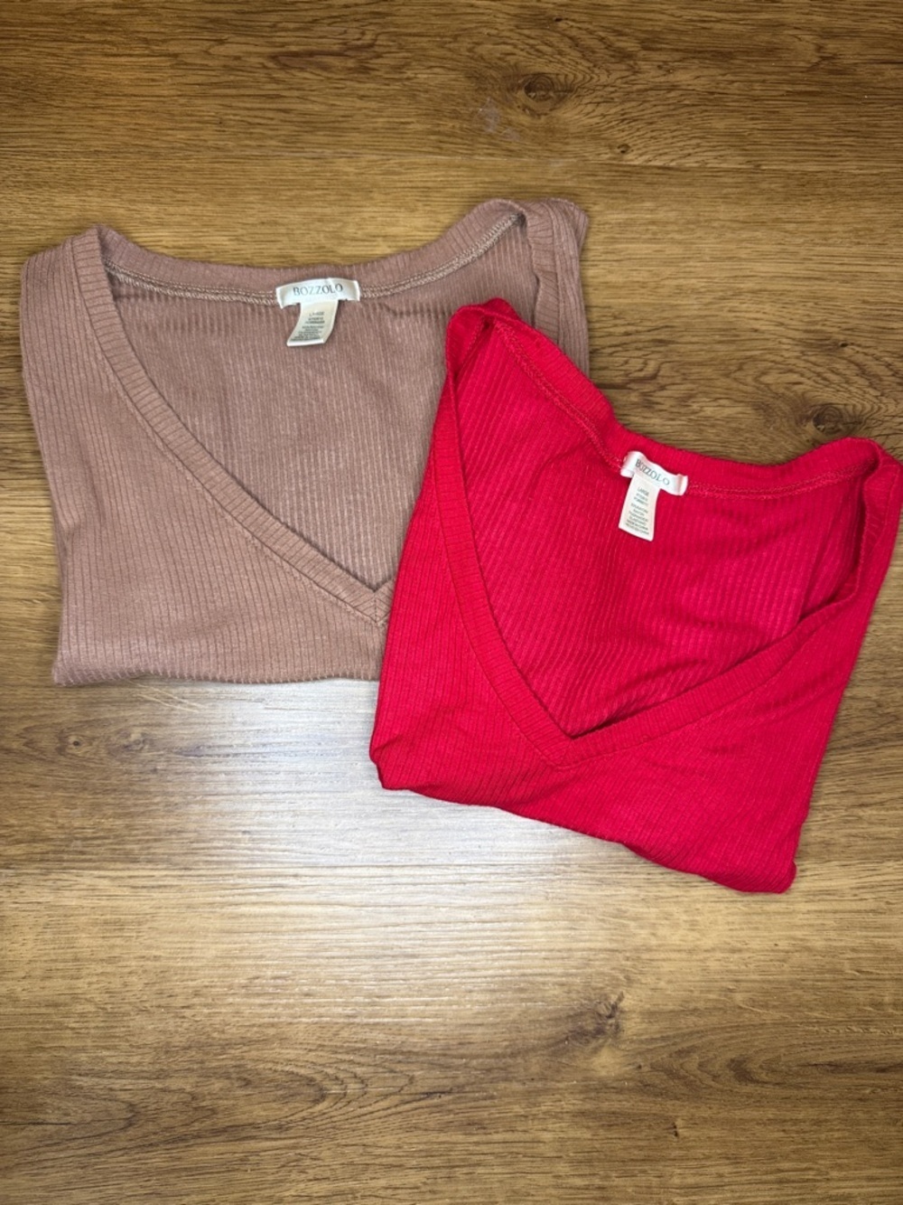 Bozzolo Ribbed Crop Deep V Neck Top Set of 2 Red Brown Stretch Women’s L